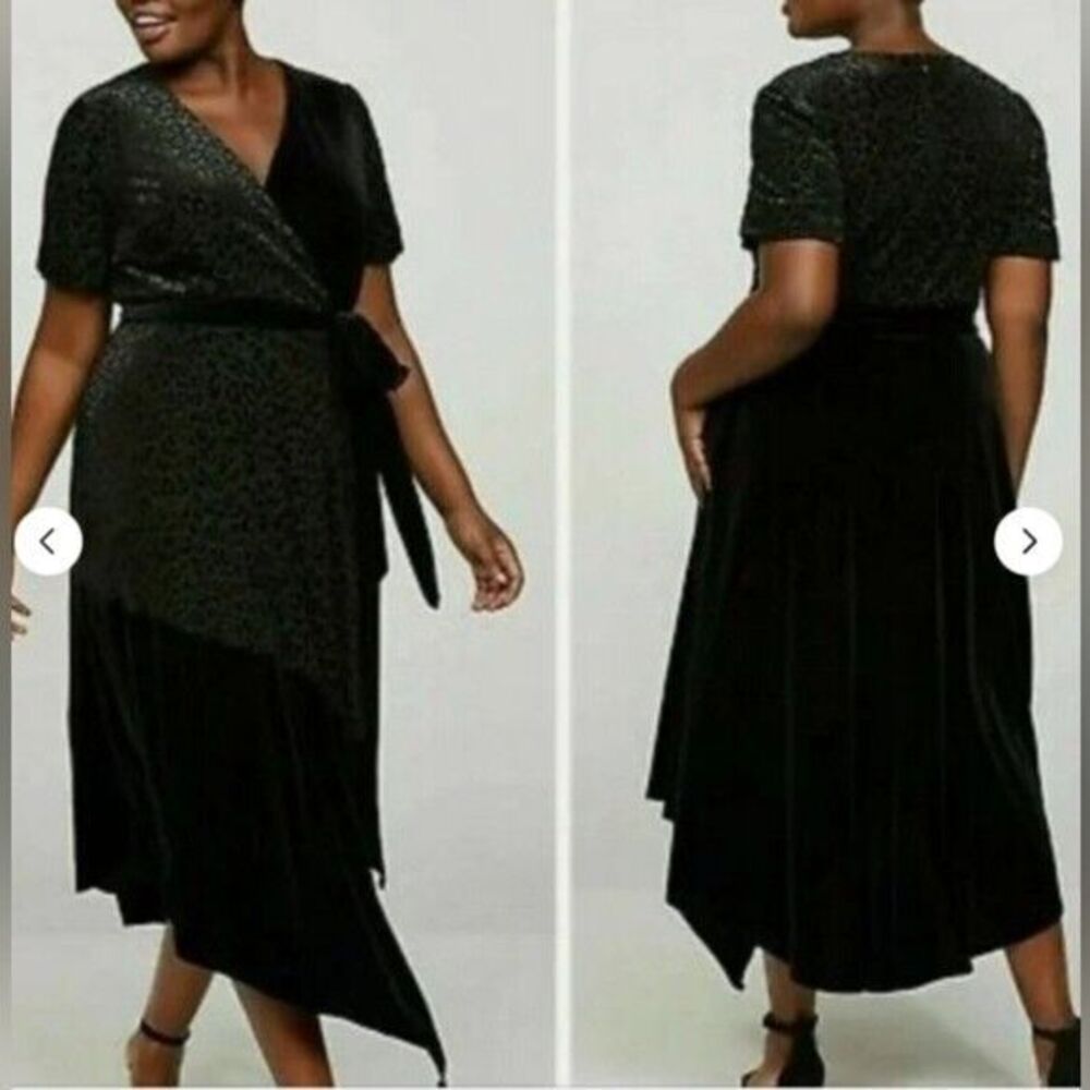 Lane Bryant Velvet Black‎ Leopard Print Asymmetrical Midi Dress Short Sleeve
